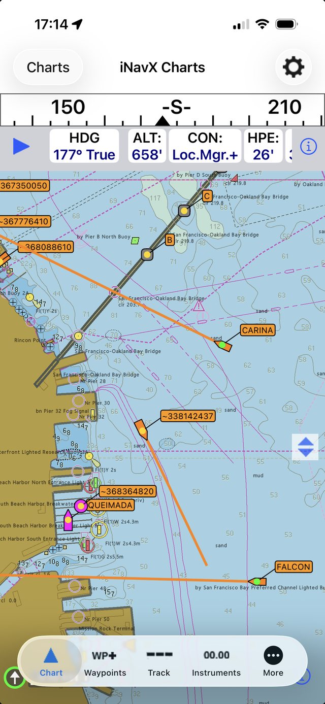iNavX AIS screen with live vessel targets