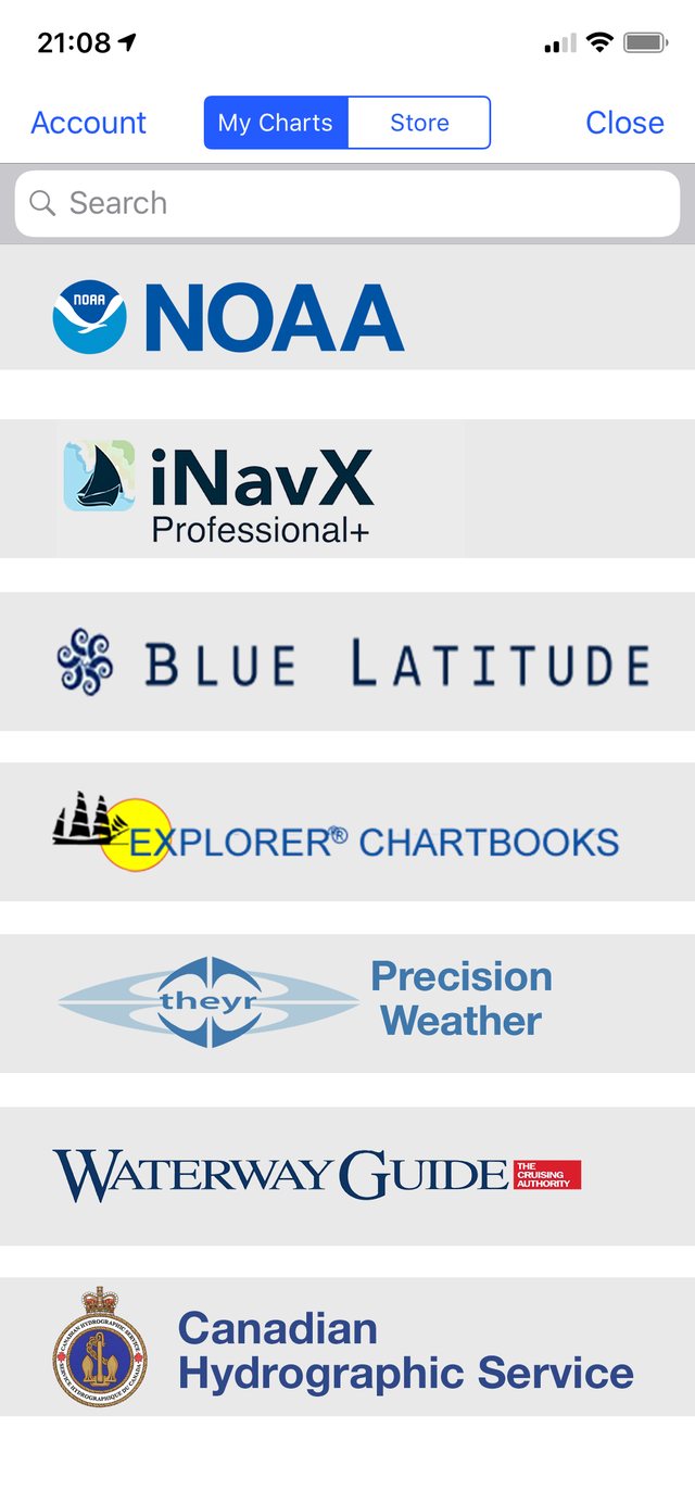 iNavX offline chart list screen